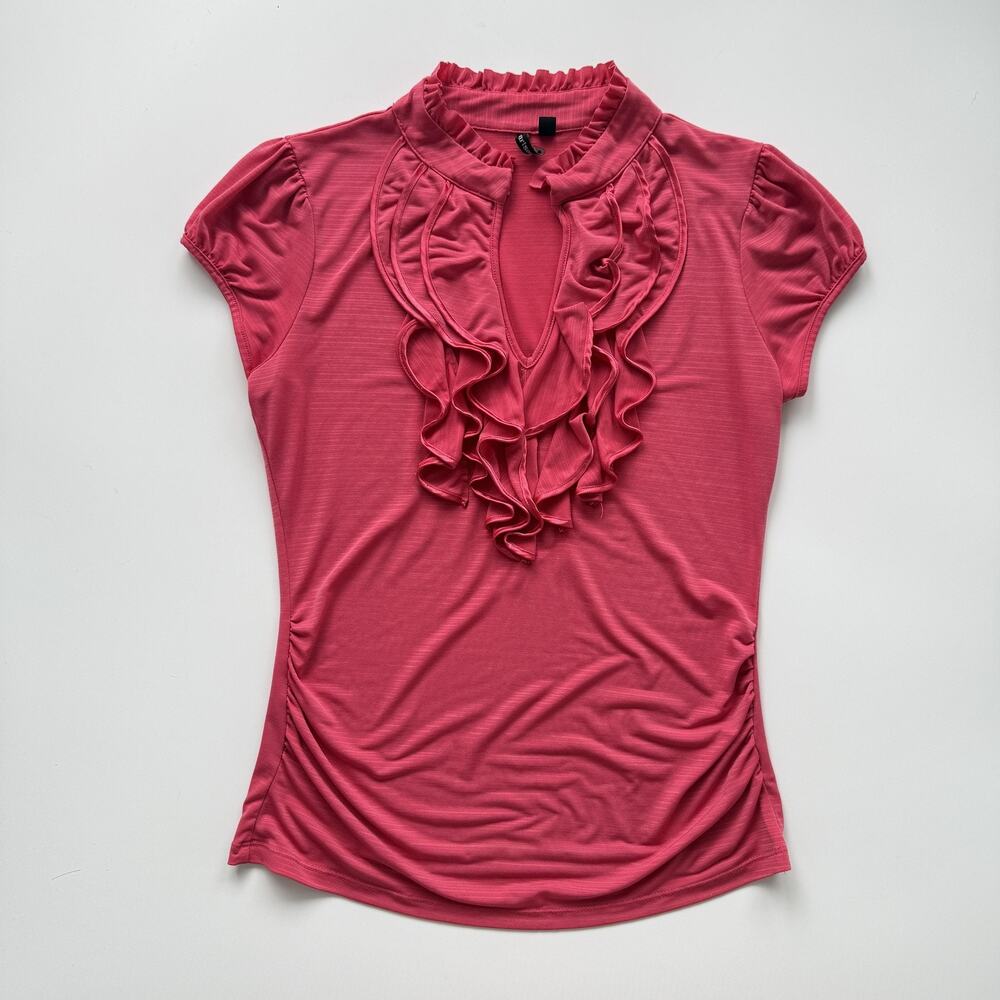 HeartSoul Blouse Womens M Pink Stripe Ruffle Mock Neck Keyhole Short Sleeve Top